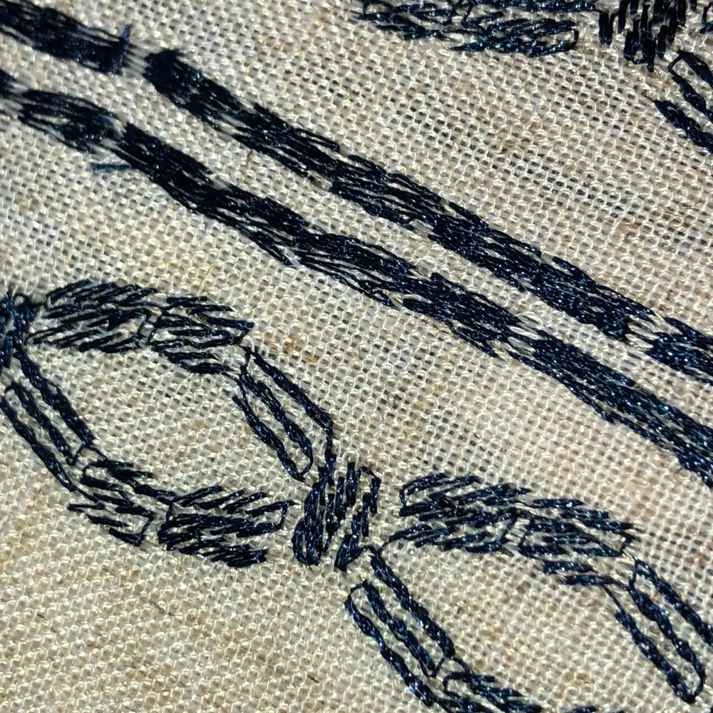 1 Pair Of Lazzy Linen Blend Blue On Beige Grommet Curtains 95” Length